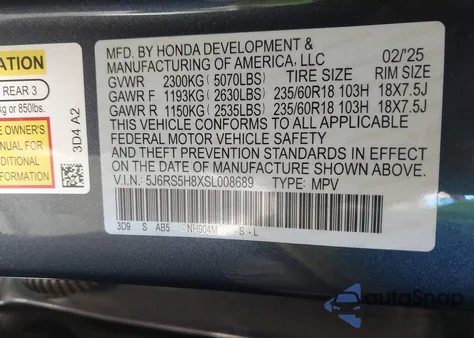 2025 Honda Cr-V Hybrid Sport-L из США, поврежденный, VIN 5J6RS5H8XSL008689